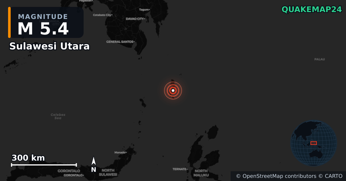 M5.4 earthquake near Sulawesi Utara on Nov 15, 2025 — map of epicenter and shaking intensity | QuakeMap24