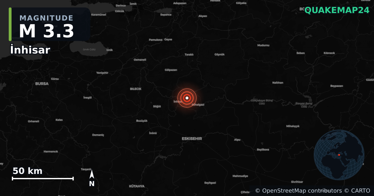 M3.3 earthquake near İnhisar on Aug 17, 2026 — map of epicenter and shaking intensity | QuakeMap24