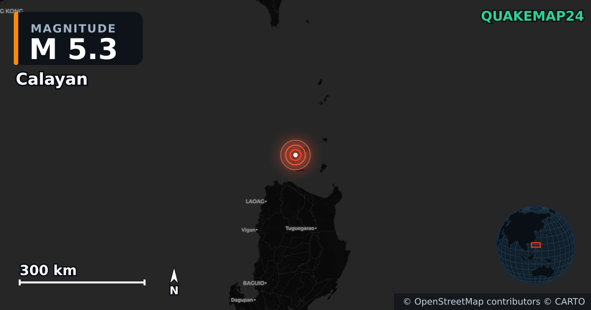 M5.3 earthquake near Calayan on May 13, 2026 — map of epicenter and shaking intensity | QuakeMap24