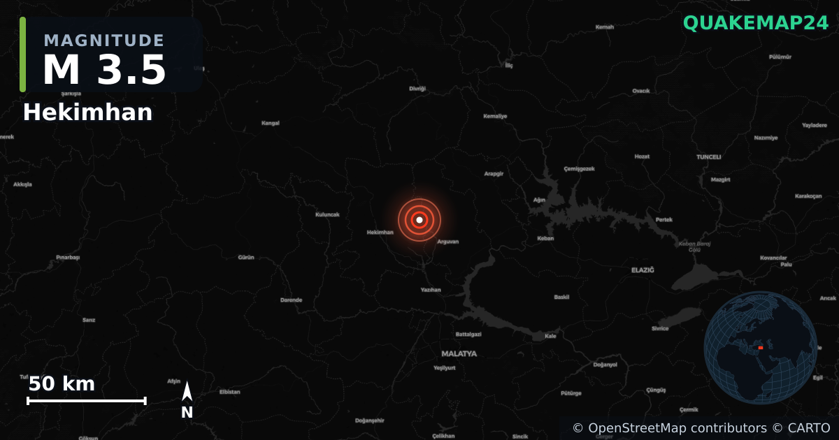 M3.5 earthquake near Hekimhan on Oct 22, 2025 — map of epicenter and shaking intensity | QuakeMap24