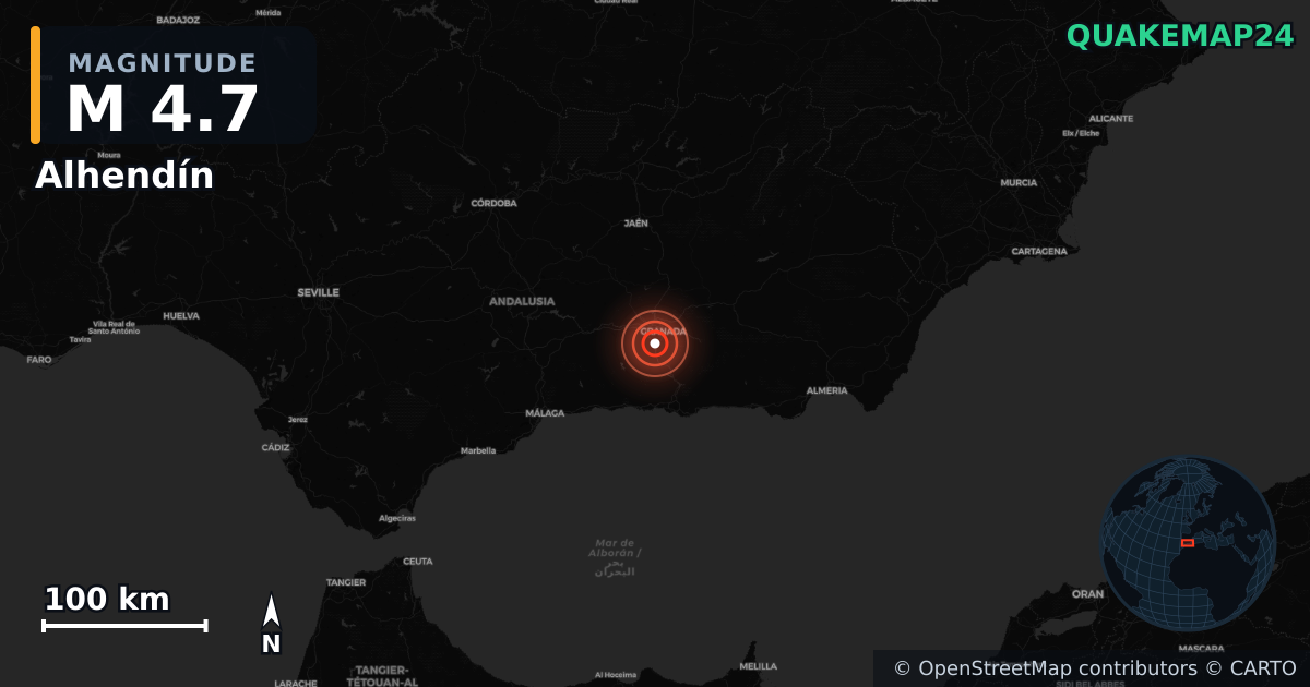 M4.7 earthquake near Alhendín on Aug 18, 2026 — map of epicenter and shaking intensity | QuakeMap24