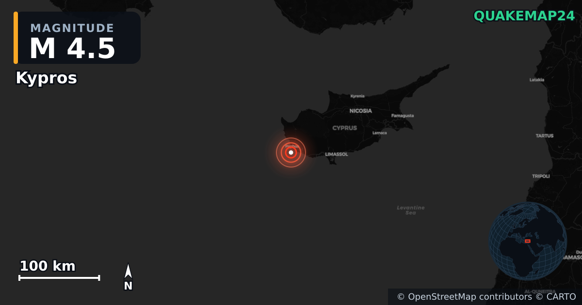 M4.5 earthquake near Kypros on Nov 13, 2025 — map of epicenter and shaking intensity | QuakeMap24