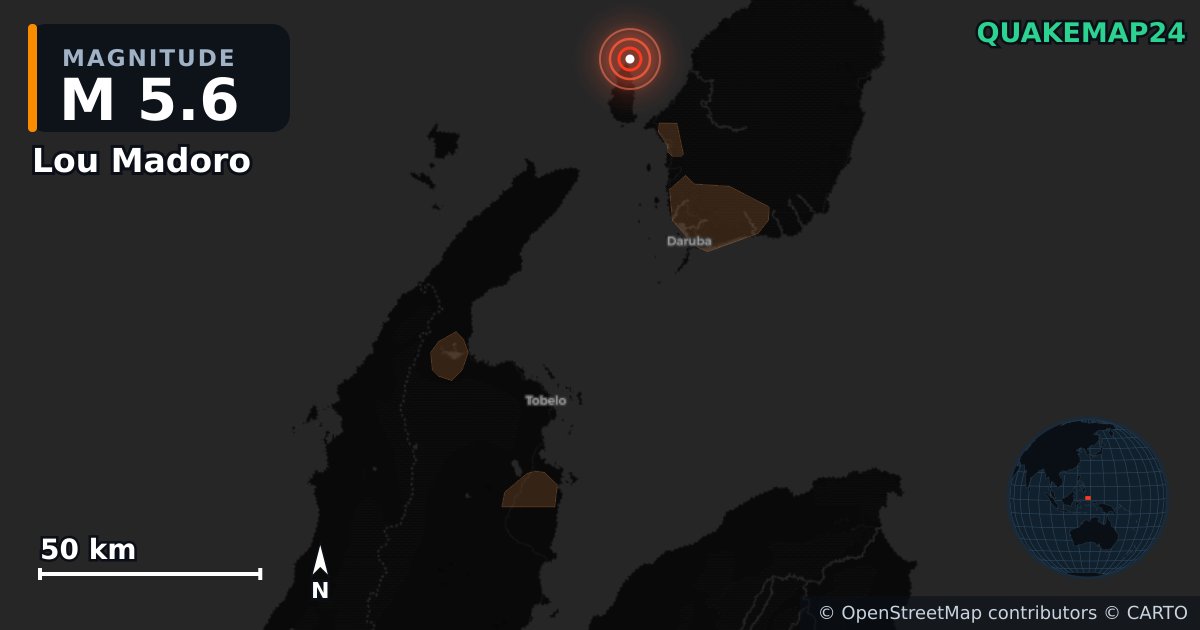 M5.6 Earthquake near Lou Madoro, North Maluku (Indonesia) · 2026-09-14 — Map showing the location of the epicenter