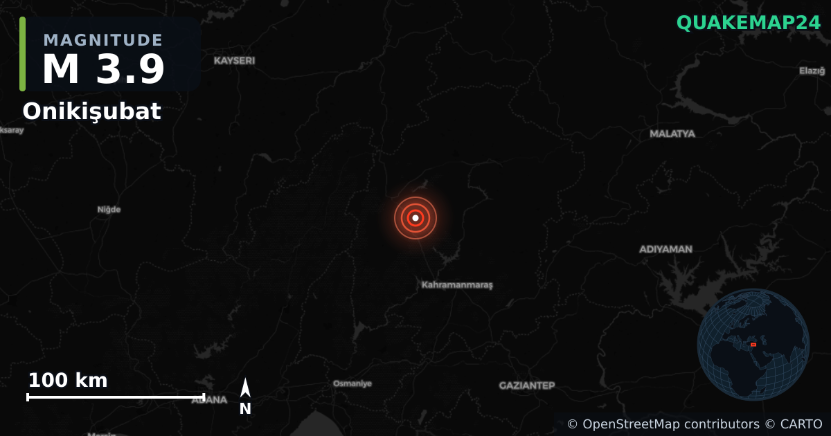 M3.9 earthquake near Onikişubat on Jan 9, 2026 — map of epicenter and shaking intensity | QuakeMap24