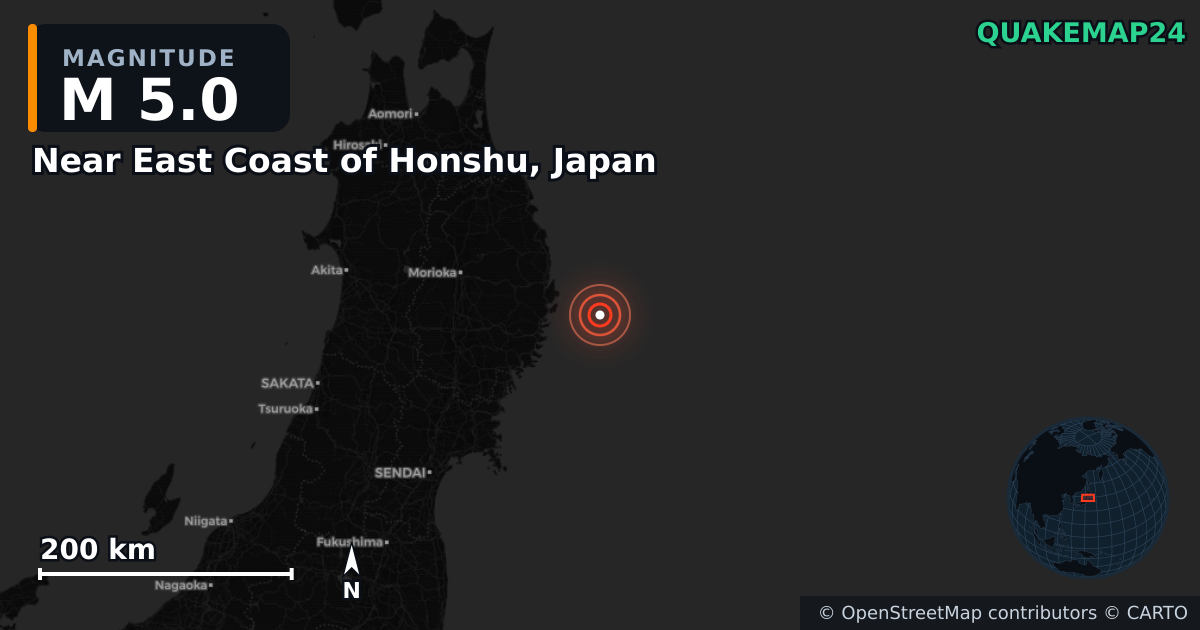 M5.0 earthquake near Near East Coast of Honshu, Japan on Aug 30, 2025 — map of epicenter and shaking intensity | QuakeMap24