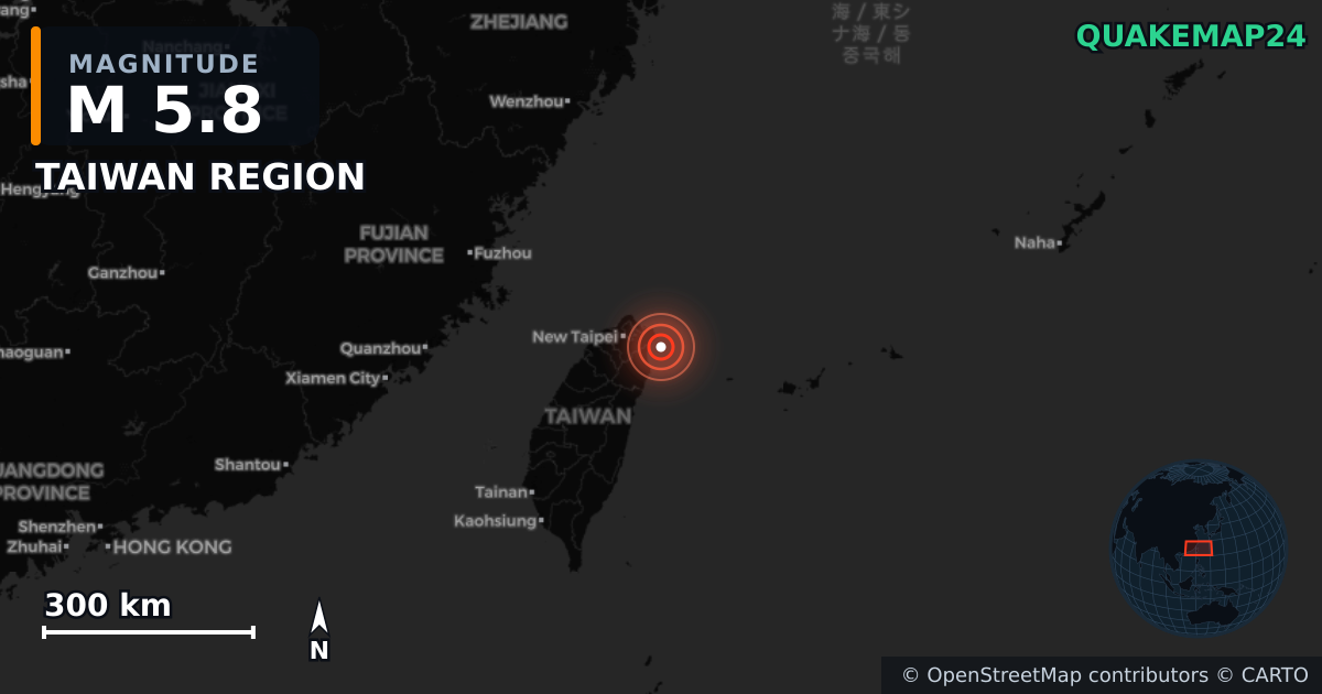 M5.8 earthquake near TAIWAN REGION on May 1, 2026 — map of epicenter and shaking intensity | QuakeMap24
