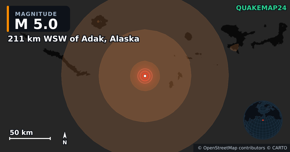 Erdbeben M5,0 bei 211 km WSW of Adak, Alaska — Karte der Lage des Epizentrums