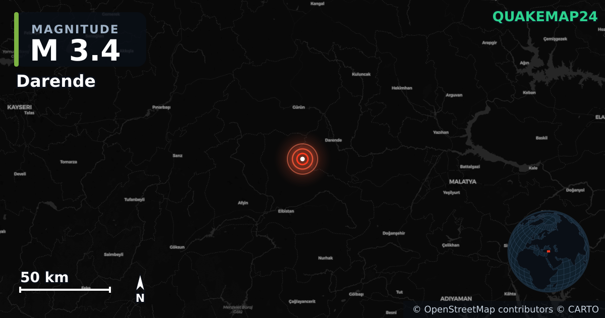 M3.4 earthquake near Darende on Aug 18, 2025 — map of epicenter and shaking intensity | QuakeMap24