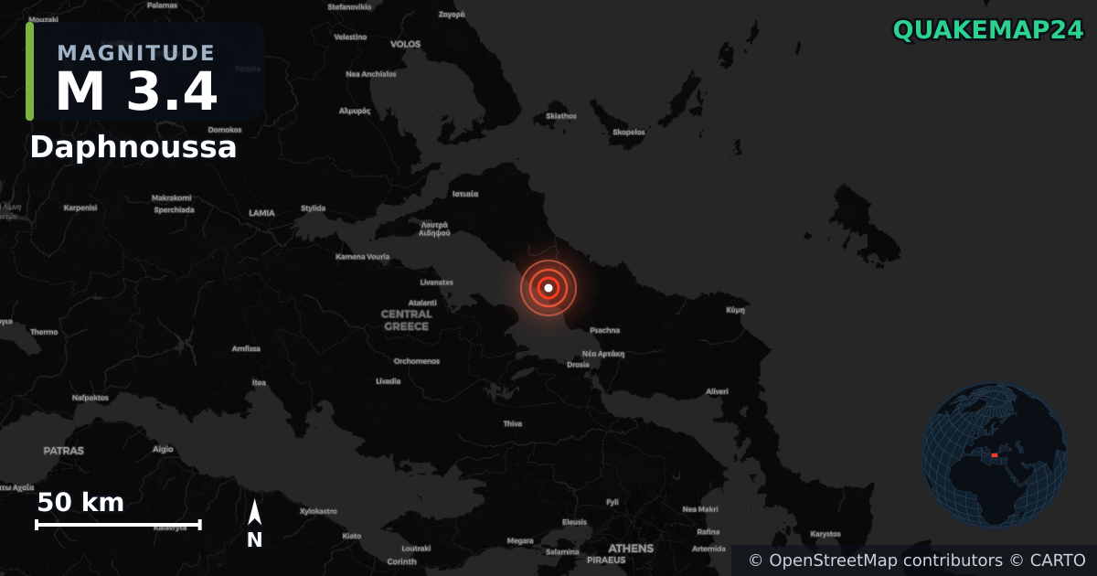 M3.4 earthquake near Daphnoussa on Jul 12, 2026 — map of epicenter and shaking intensity | QuakeMap24