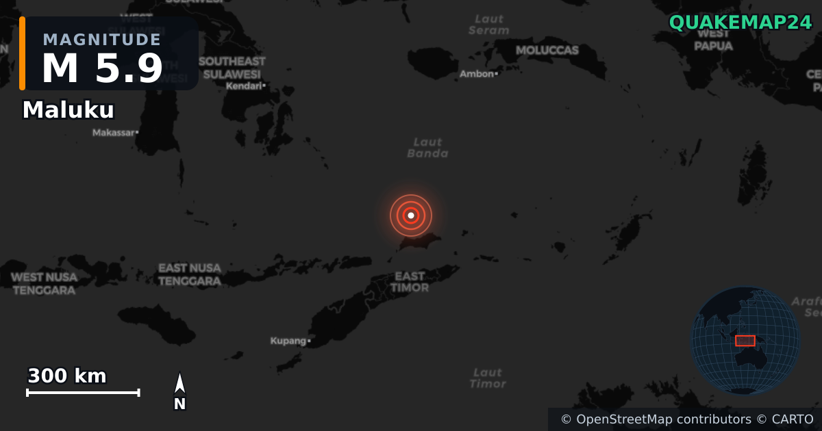 M5.9 earthquake near Maluku on May 15, 2025 — map of epicenter and shaking intensity | QuakeMap24