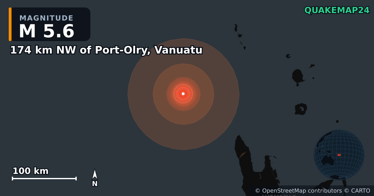 Sismo de M5,6 perto de 174 km NW of Port-Olry, Vanuatu · 2026-10-28 — Mapa da localização do epicentro
