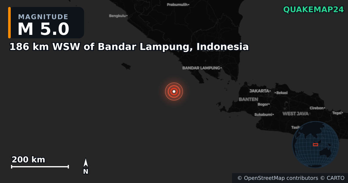 Erdbeben M5,0 bei 186 km WSW of Bandar Lampung, Indonesia — Karte der Lage des Epizentrums