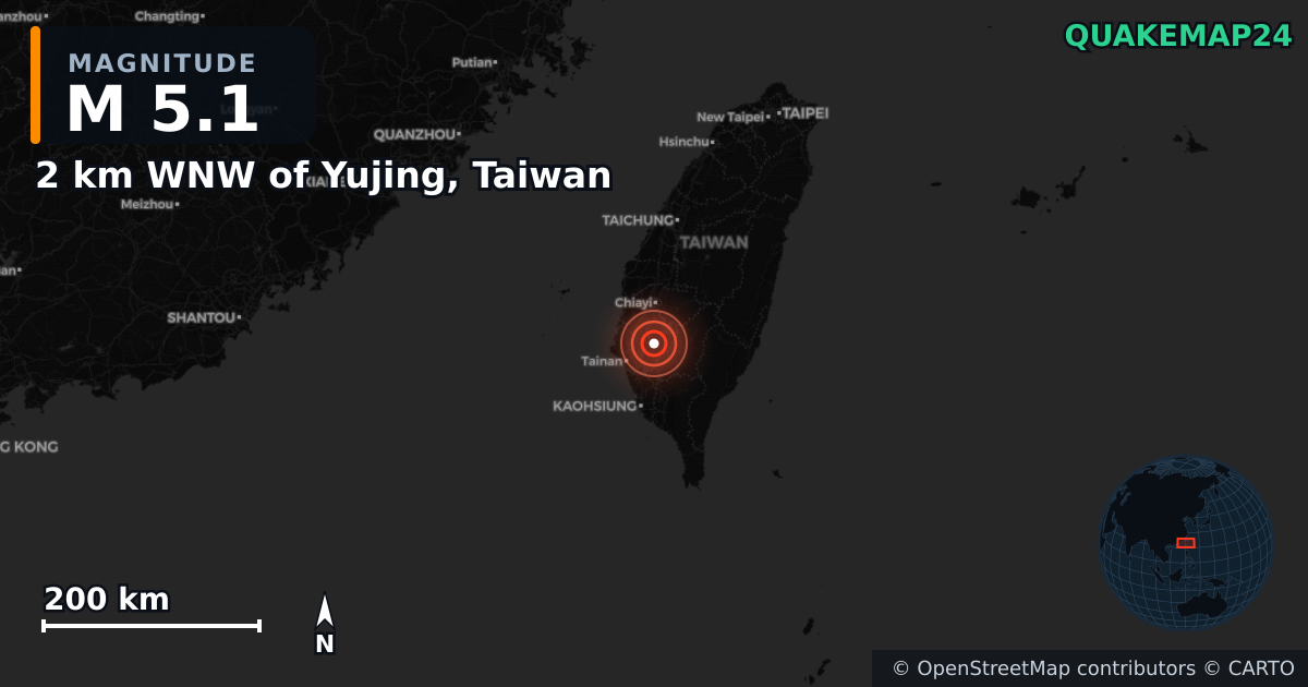 M5.1 earthquake near 2 km WNW of Yujing, Taiwan on Jan 20, 2025 — map of epicenter and shaking intensity | QuakeMap24