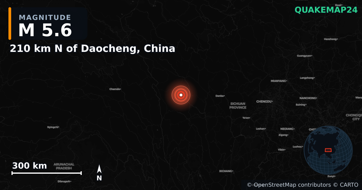 M5.6 earthquake near 210 km N of Daocheng, China on Oct 9, 2025 — map of epicenter and shaking intensity | QuakeMap24