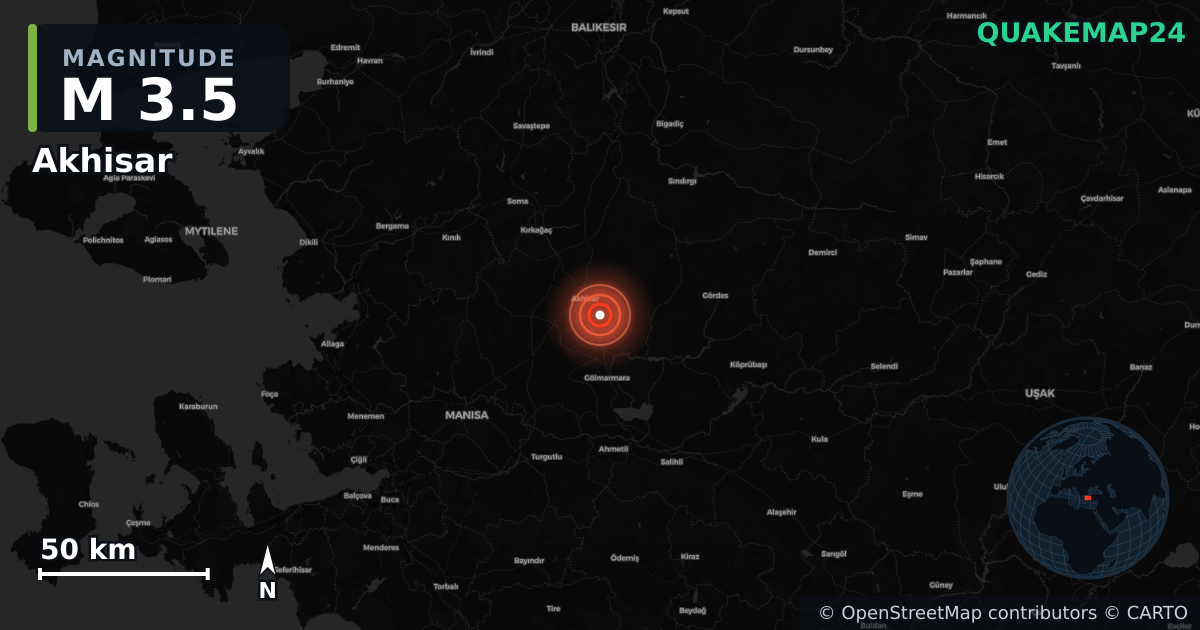M3.5 earthquake near Akhisar on Aug 10, 2025 — map of epicenter and shaking intensity | QuakeMap24