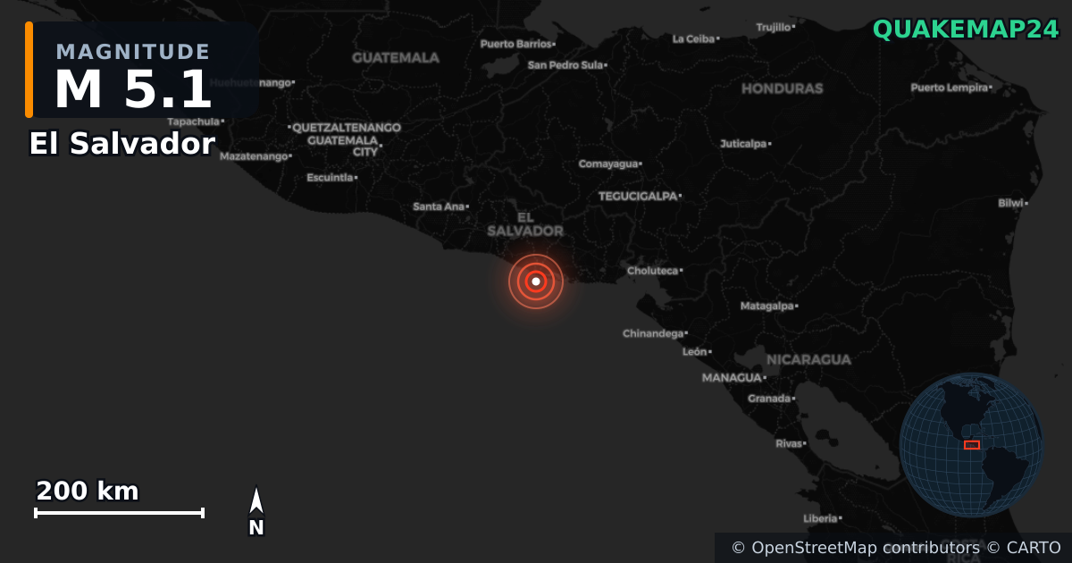 M5.1 earthquake near El Salvador on May 29, 2025 — map of epicenter and shaking intensity | QuakeMap24