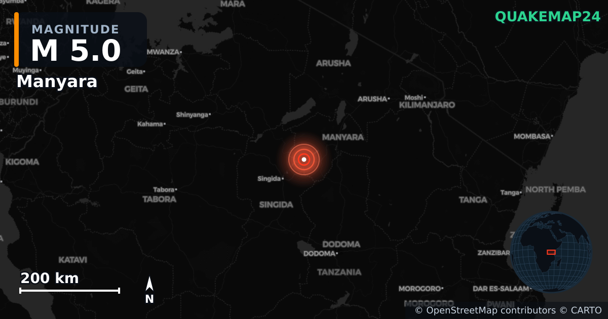 M5.0 earthquake near Manyara on Jul 9, 2025 — map of epicenter and shaking intensity | QuakeMap24