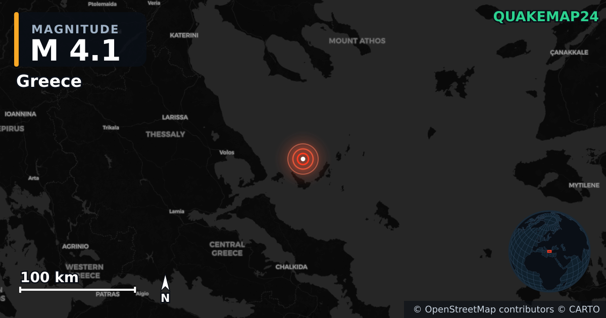 M4.1 earthquake near Greece on Jul 28, 2026 — map of epicenter and shaking intensity | QuakeMap24