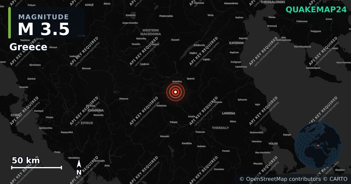 M3.5 earthquake near Photeino on Aug 28, 2026 — map of epicenter and shaking intensity | QuakeMap24