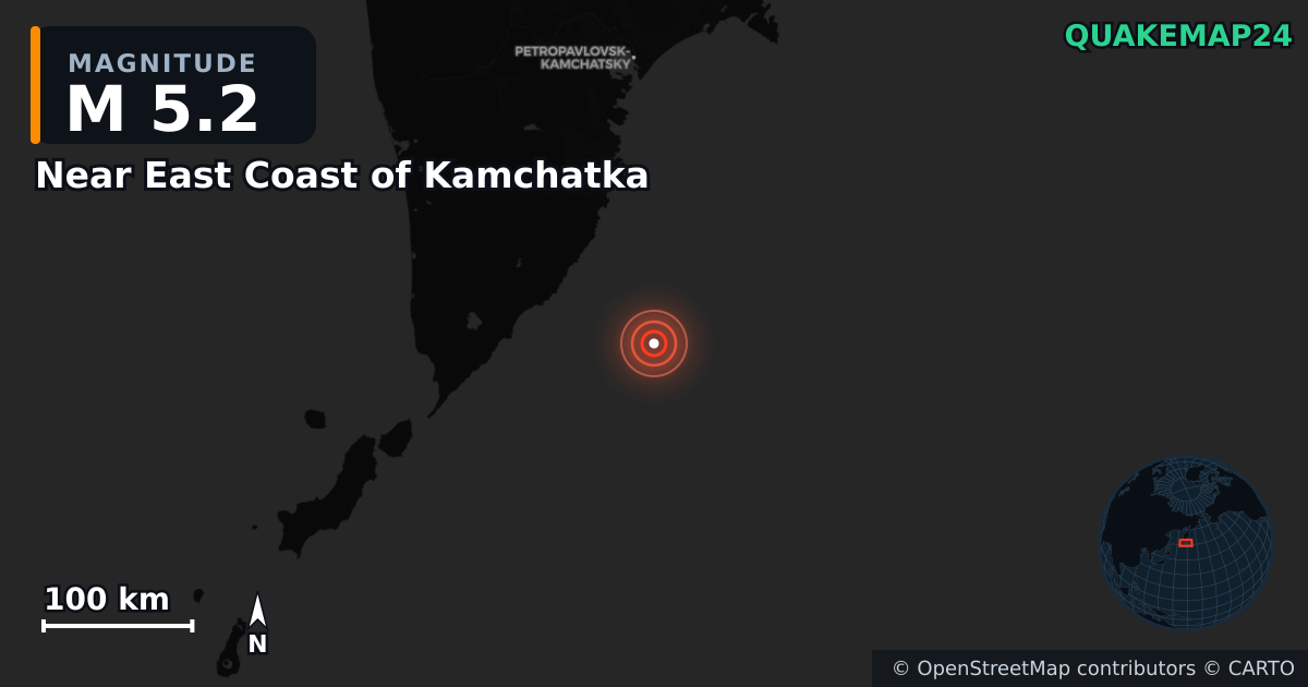 M5.2 earthquake near Near East Coast of Kamchatka on Jul 31, 2025 — map of epicenter and shaking intensity | QuakeMap24