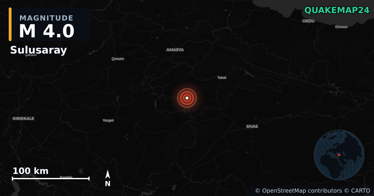 M4.0 earthquake near Sulusaray on Aug 20, 2025 — map of epicenter and shaking intensity | QuakeMap24