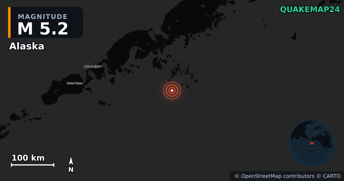 M5.2 earthquake near Alaska on Aug 26, 2025 — map of epicenter and shaking intensity | QuakeMap24