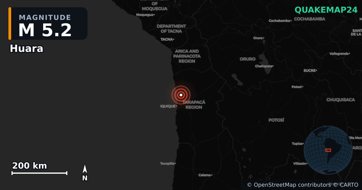 M5.2 earthquake near Huara on Jan 16, 2026 — map of epicenter and shaking intensity | QuakeMap24