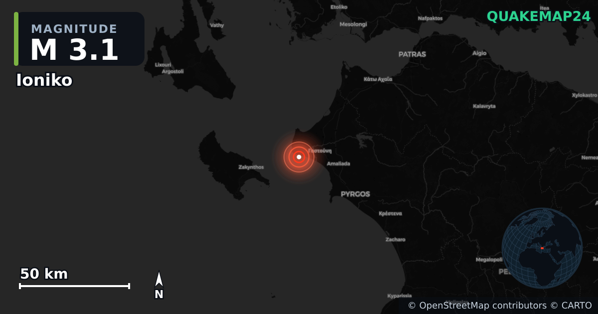 M3.1 earthquake near Ioniko on Jan 14, 2026 — map of epicenter and shaking intensity | QuakeMap24