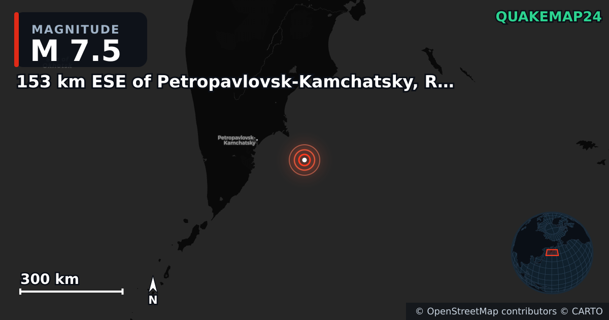M7.5 earthquake near 153 km ESE of Petropavlovsk-Kamchatsky, Russia on Jul 20, 2025 — map of epicenter and shaking intensity | QuakeMap24