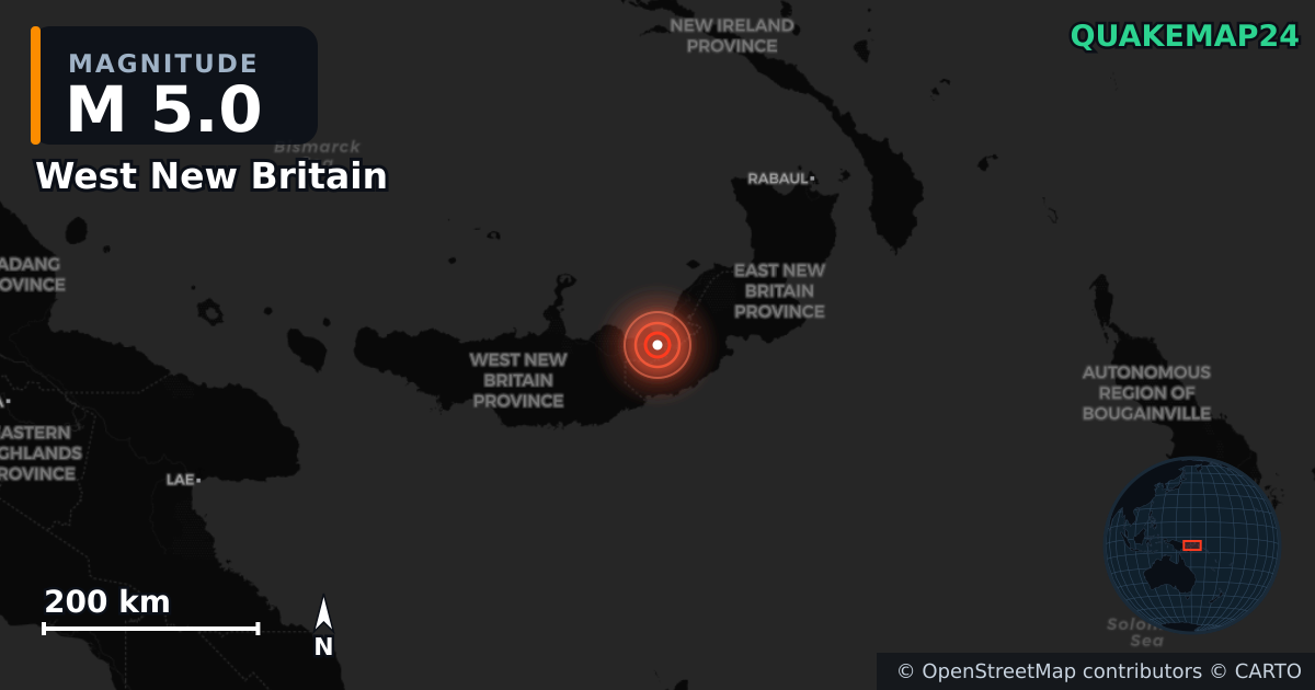 M5.0 earthquake near West New Britain on Aug 27, 2025 — map of epicenter and shaking intensity | QuakeMap24
