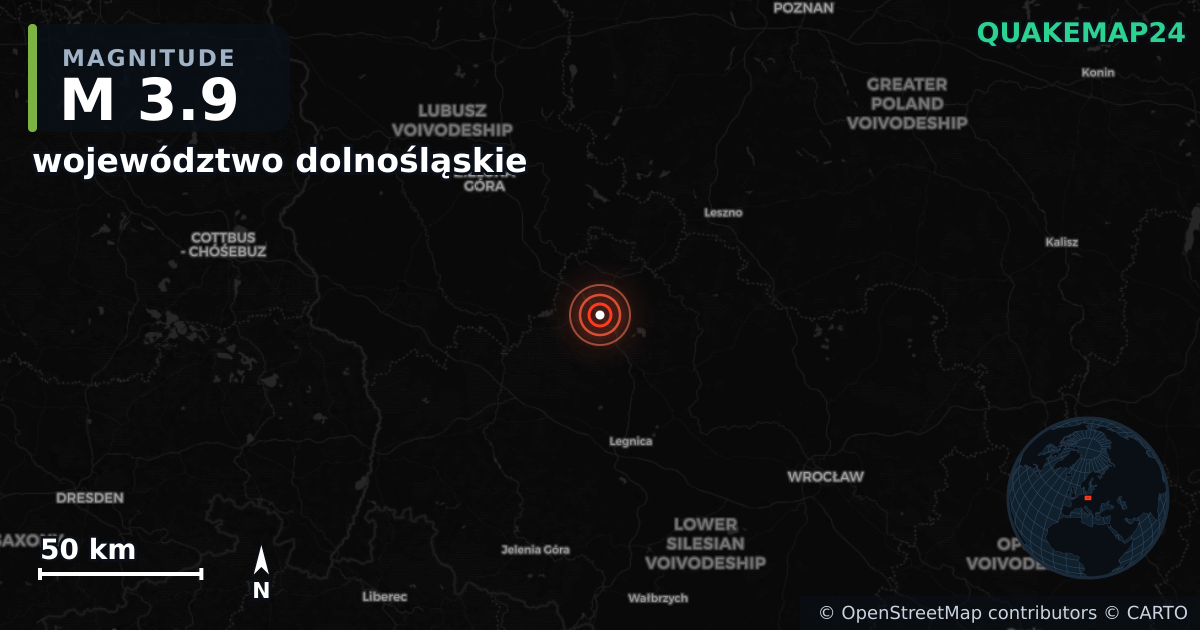 M3.9 earthquake near województwo dolnośląskie on Oct 21, 2025 — map of epicenter and shaking intensity | QuakeMap24