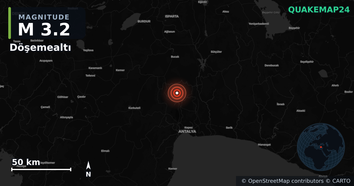 M3.2 earthquake near Döşemealtı on Nov 4, 2025 — map of epicenter and shaking intensity | QuakeMap24