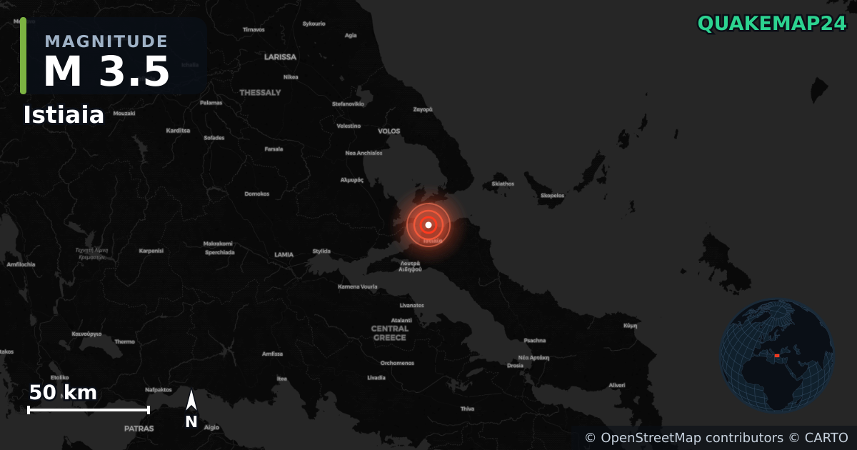 M3.5 earthquake near Istiaia on Mar 2, 2026 — map of epicenter and shaking intensity | QuakeMap24