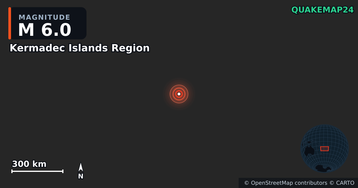M6.0 earthquake near Kermadec Islands Region on May 31, 2025 — map of epicenter and shaking intensity | QuakeMap24