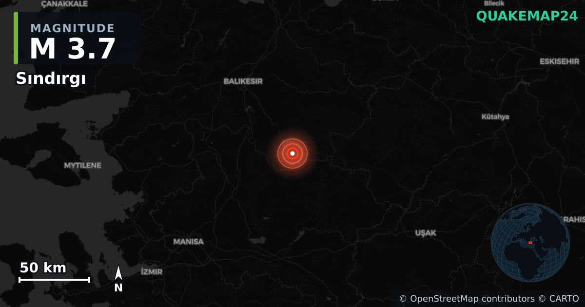 M3.7 earthquake near Sındırgı on Oct 27, 2025 — map of epicenter and shaking intensity | QuakeMap24