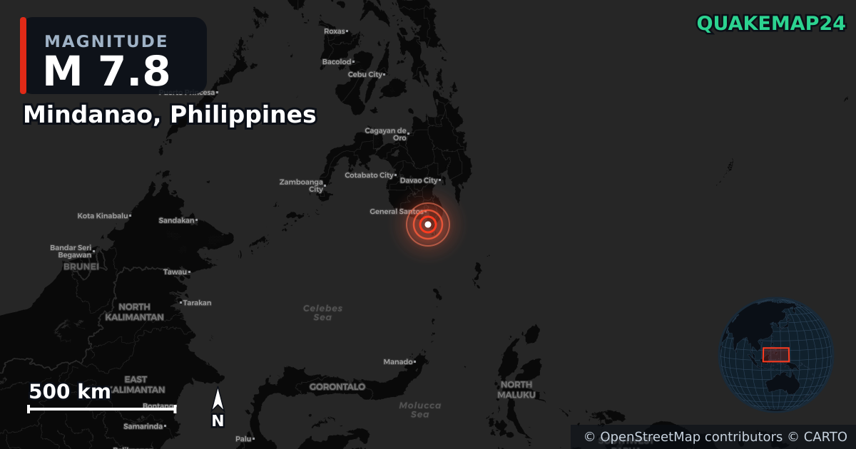 M7.8 earthquake near Mindanao, Philippines on Jun 7, 2026 — map of epicenter and shaking intensity | QuakeMap24