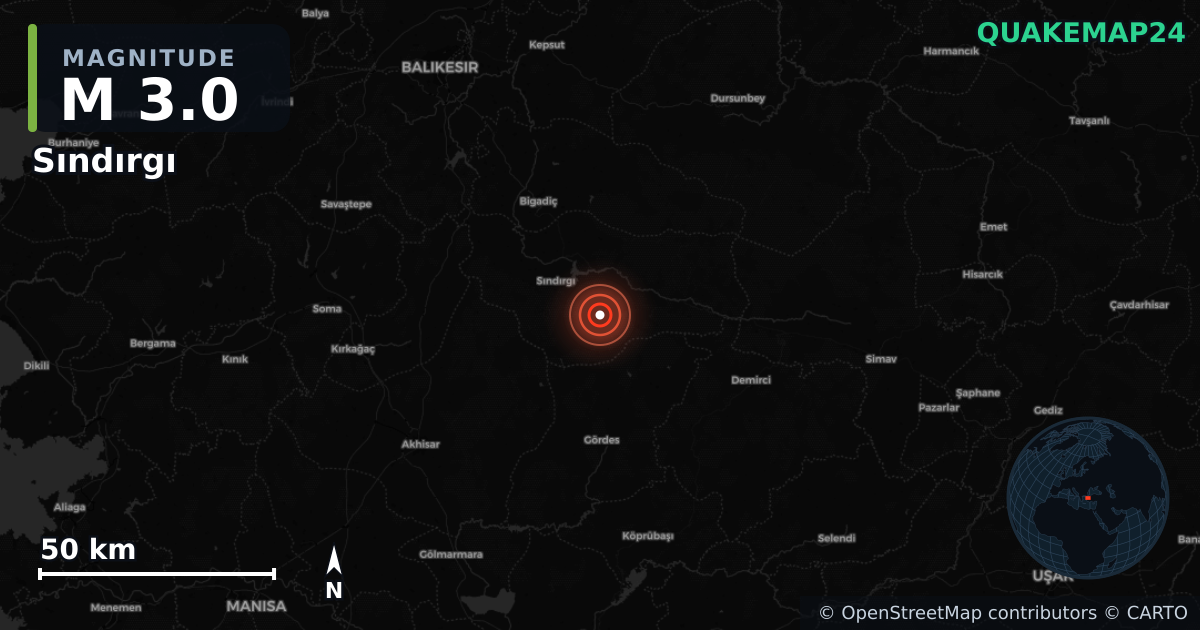 M3.0 earthquake near Sındırgı on Jan 8, 2026 — map of epicenter and shaking intensity | QuakeMap24