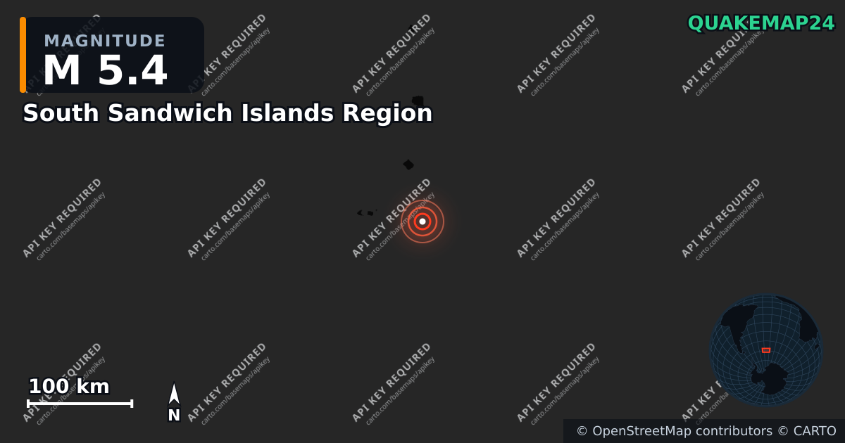M5.4 earthquake near South Sandwich Islands Region on Jun 19, 2026 — map of epicenter and shaking intensity | QuakeMap24