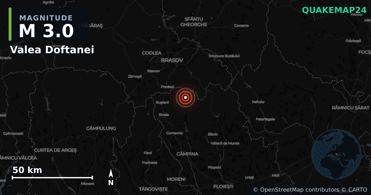 M3.0 Earthquake near Valea Doftanei (Romania) · 2026-10-16 — Map showing the location of the epicenter