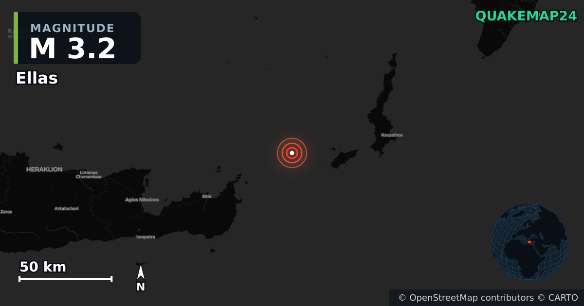 M3.2 earthquake near Ellas on May 23, 2026 — map of epicenter and shaking intensity | QuakeMap24