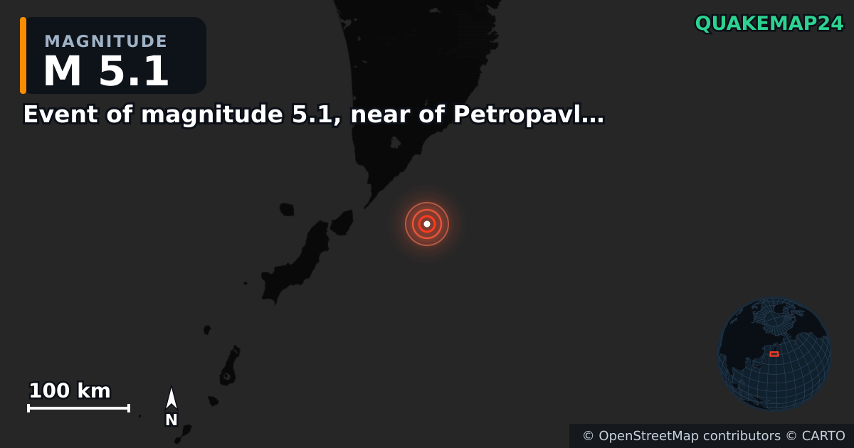 M5.1 earthquake near Event of magnitude 5.1, near of Petropavlovsk Kamchatskiy (Monde) on Sep 7, 2025 — map of epicenter and shaking intensity | QuakeMap24