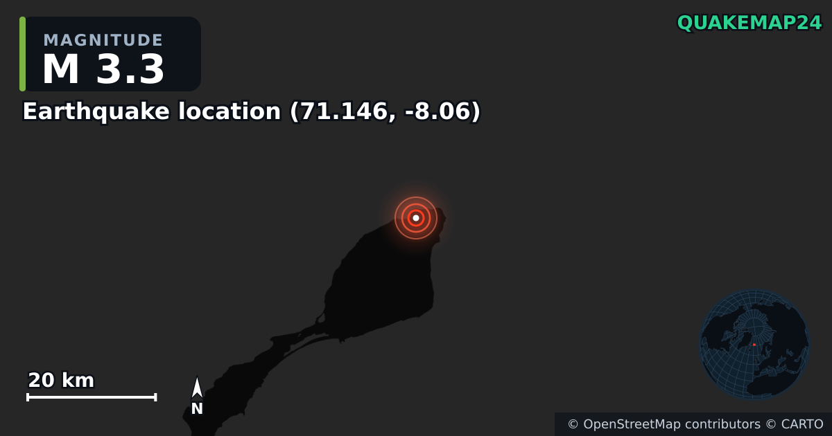 M3.3 earthquake near Earthquake location (71.146, -8.06) on Oct 5, 2025 — map of epicenter and shaking intensity | QuakeMap24