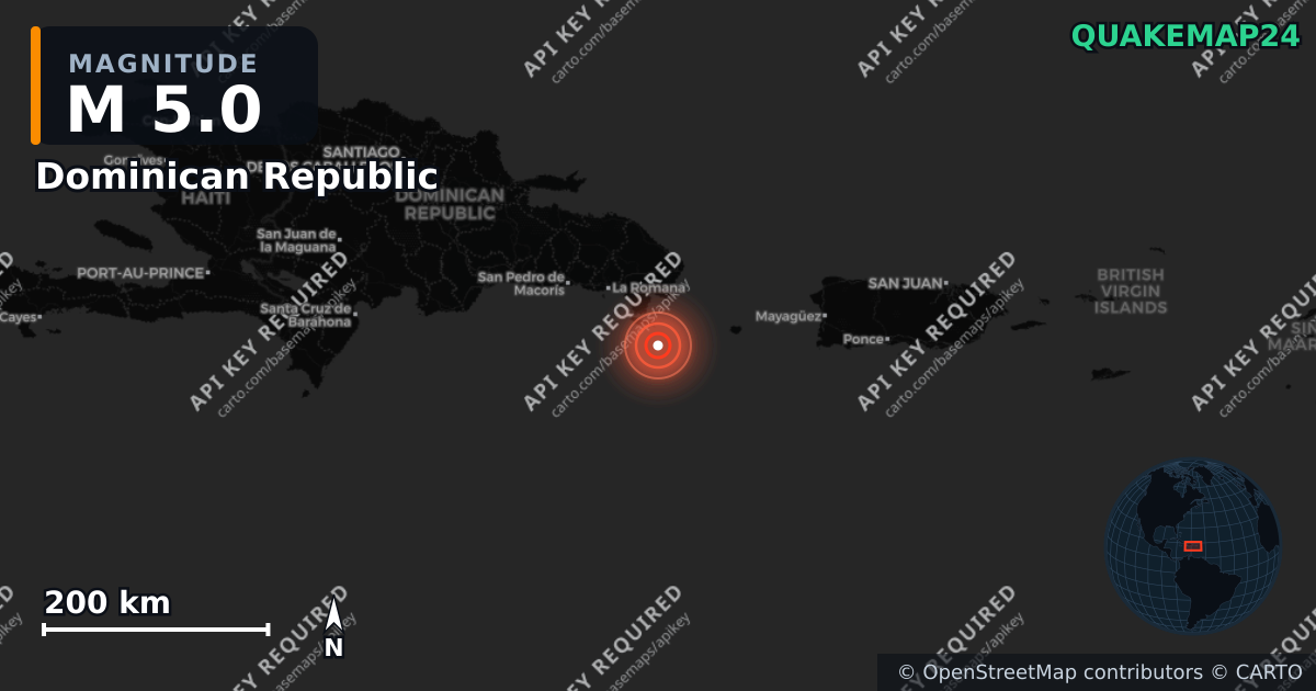 M5.0 earthquake near Dominican Republic on Jun 26, 2026 — map of epicenter and shaking intensity | QuakeMap24