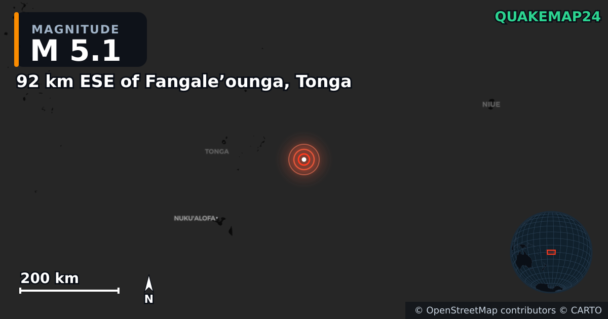 M5.1 earthquake near 92 km ESE of Fangale’ounga, Tonga on Apr 5, 2025 — map of epicenter and shaking intensity | QuakeMap24