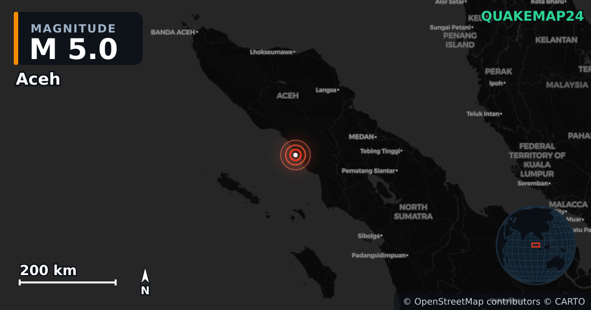 M5.0 earthquake near Aceh on Jul 11, 2025 — map of epicenter and shaking intensity | QuakeMap24