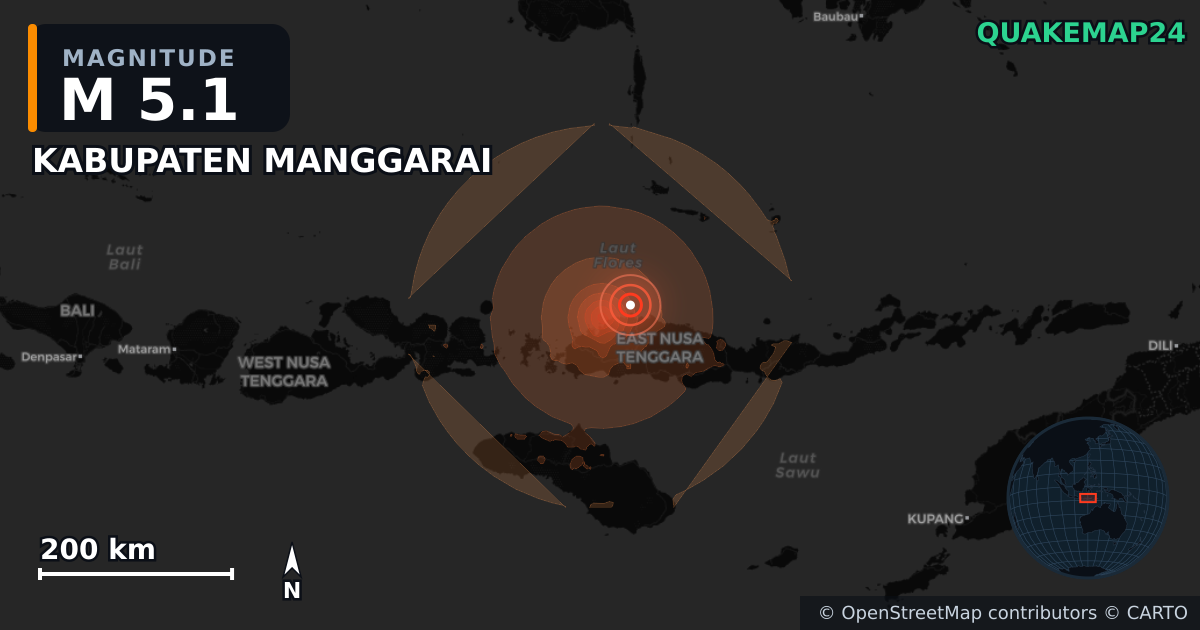 M5.1 earthquake near KABUPATEN MANGGARAI on Aug 14, 2026 — map of epicenter and shaking intensity | QuakeMap24