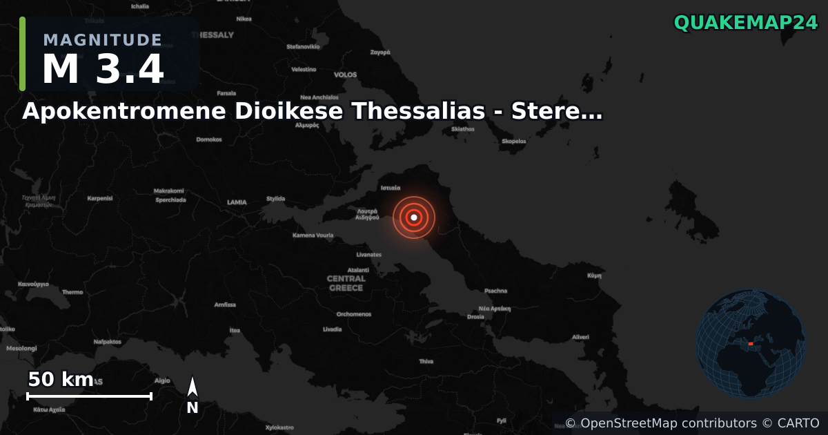 M3.4 earthquake near Apokentromene Dioikese Thessalias - Stereas Ellados on Jun 28, 2025 — map of epicenter and shaking intensity | QuakeMap24