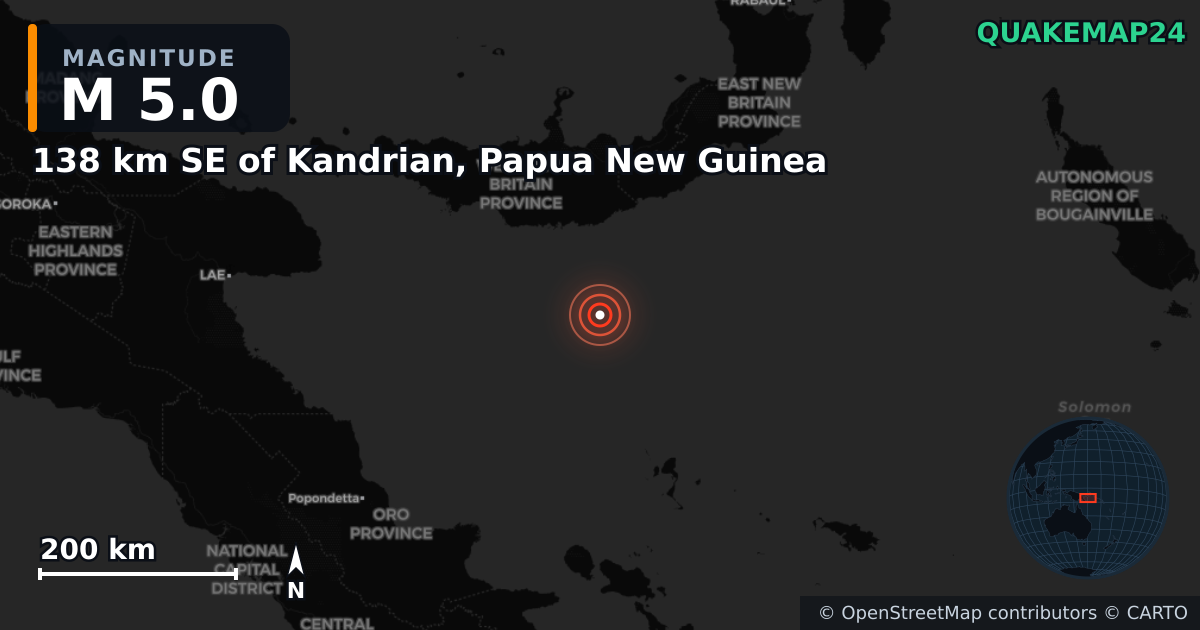 Terremoto de M5,0 cerca de 138 km SE of Kandrian, Papua New Guinea — Mapa de la ubicación del epicentro