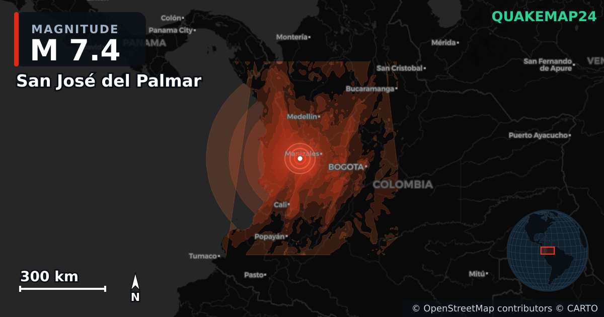 M7.4 earthquake near San José del Palmar on Aug 10, 2026 — map of epicenter and shaking intensity | QuakeMap24