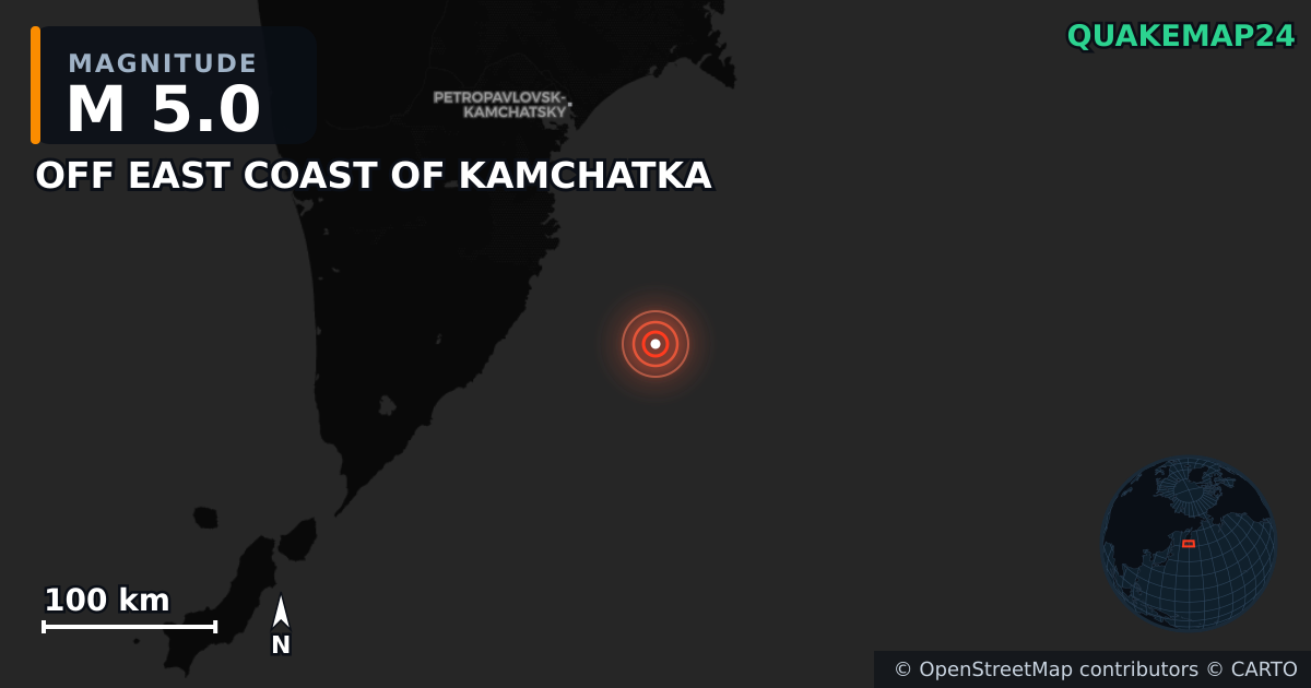 M5.0 earthquake near OFF EAST COAST OF KAMCHATKA on Jul 30, 2025 — map of epicenter and shaking intensity | QuakeMap24